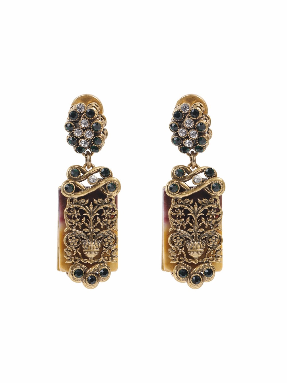 Gold-Tone Filigree Drop Earrings with Green and Clear Stones925sterling  Silver
